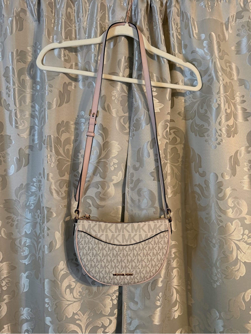 Michael Kors Beige and Pink Signature Crossbody Saddle Bag